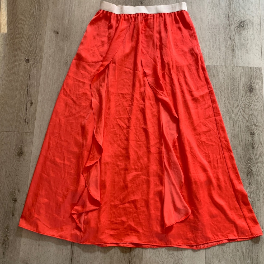 BCBGMAXAZRIA Coral Orange Ruffle Front Maxi Skirt Womens Medium Elastic Waist